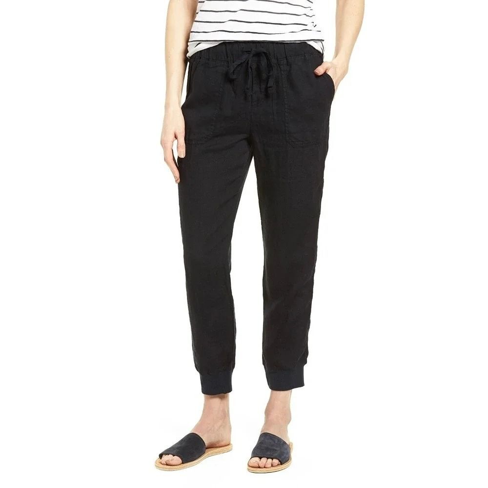 Caslon Black 100% Linen Joggers Ribbed Cuff Drawstring Pants Women Medium
